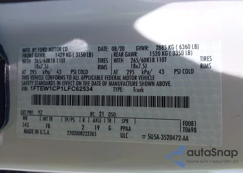 2020 Ford F-150 Xlt из США, поврежденный, VIN 1FTEW1CP1LFC62534